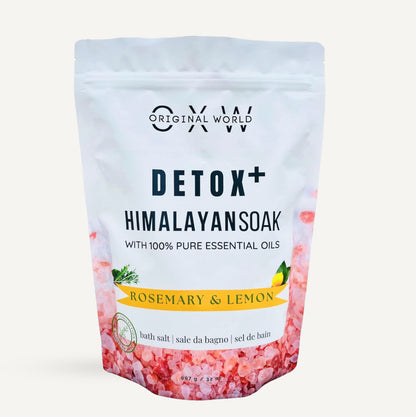 Detox+ Himalayan Epsom Bath Salt Infused with Rosemary and Lemon Essential Oils 2 lbs BPA Free Bag - OXW Beauty