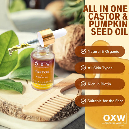 Castor Oil with Pumpkin Organic Oil Serum for Scalp, Lashes, Eyebrows and Face - OXW Beauty