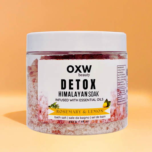 Detox+ Himalayan Epsom Bath Salt Infused with Rosemary and Lemon Essential Oils 1 lb Jar - OXW Beauty