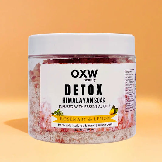 Detox+ Himalayan Epsom Bath Salt Infused with Rosemary and Lemon Essential Oils 1 lb Jar - OXW Beauty