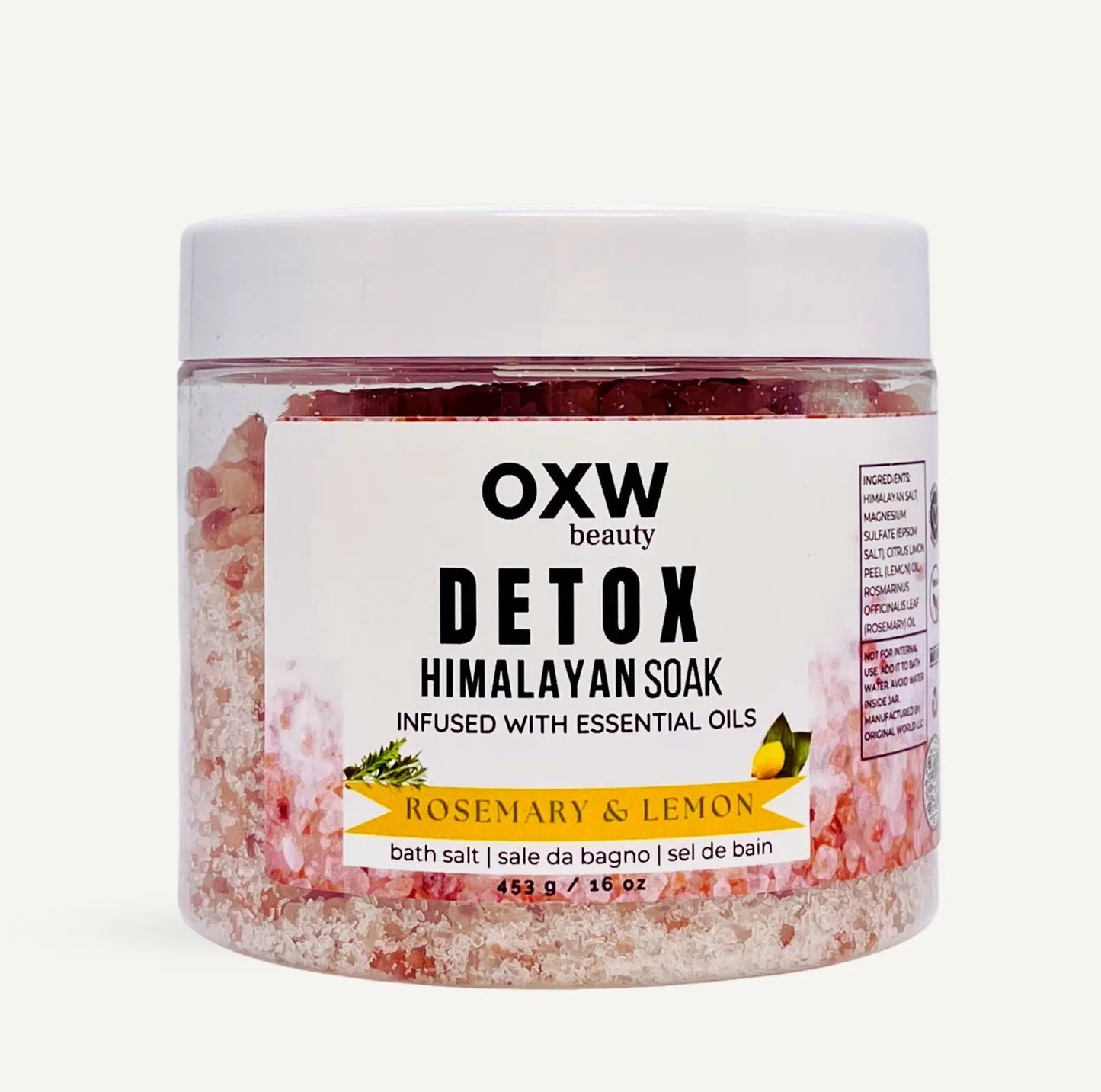 Detox+ Himalayan Epsom Bath Salt Infused with Rosemary and Lemon Essential Oils 1 lb Jar - OXW Beauty