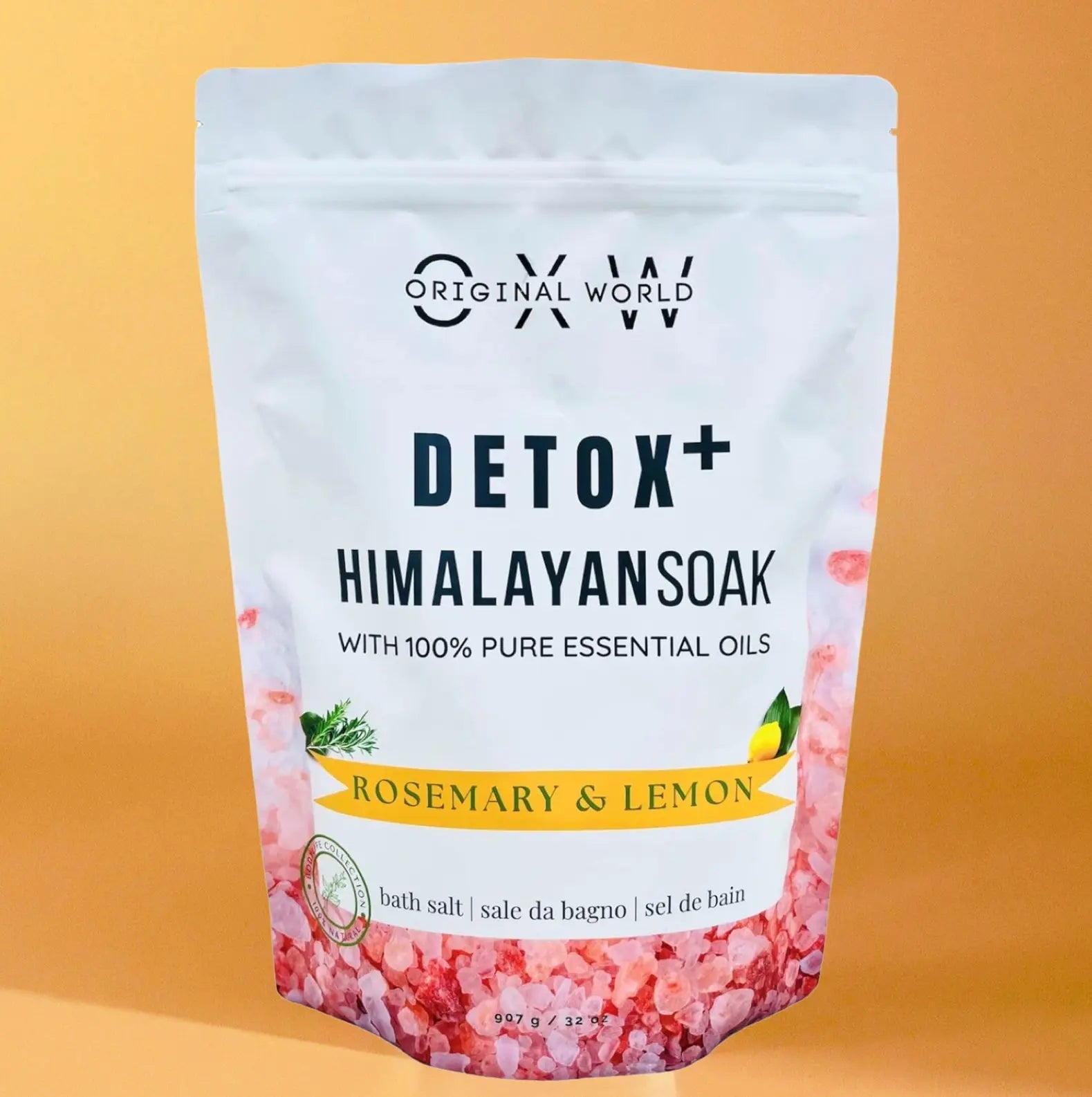 Detox+ Himalayan Epsom Bath Salt Infused with Rosemary and Lemon Essential Oils 2 lbs BPA Free Bag - OXW Beauty