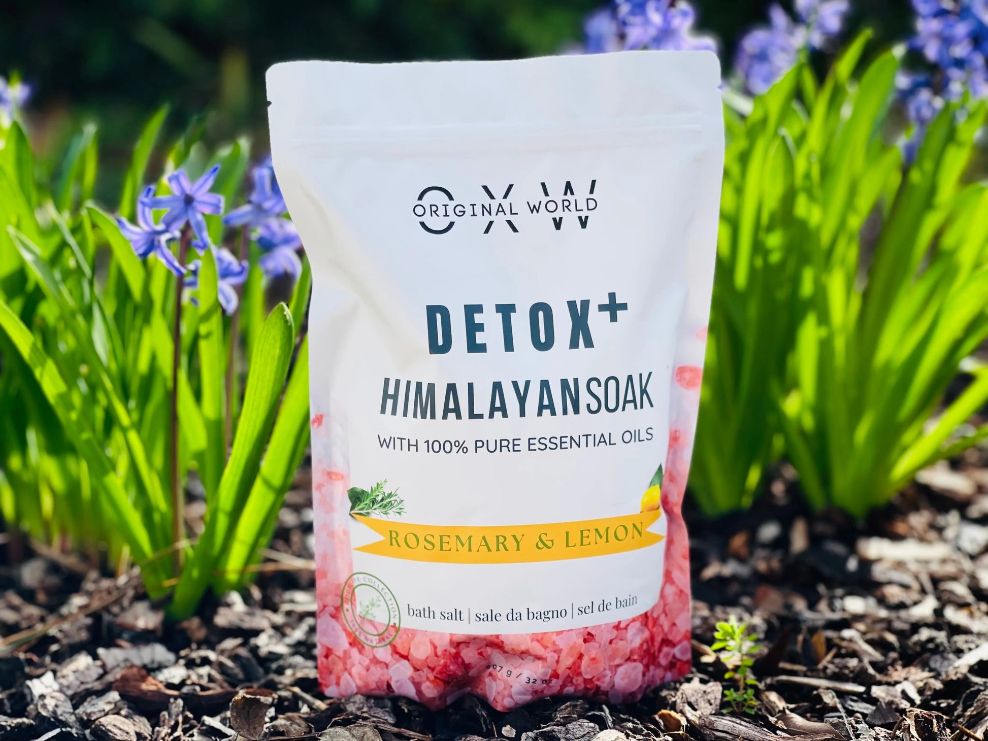 Detox+ Himalayan Epsom Bath Salt Infused with Rosemary and Lemon Essential Oils 2 lbs BPA Free Bag - OXW Beauty